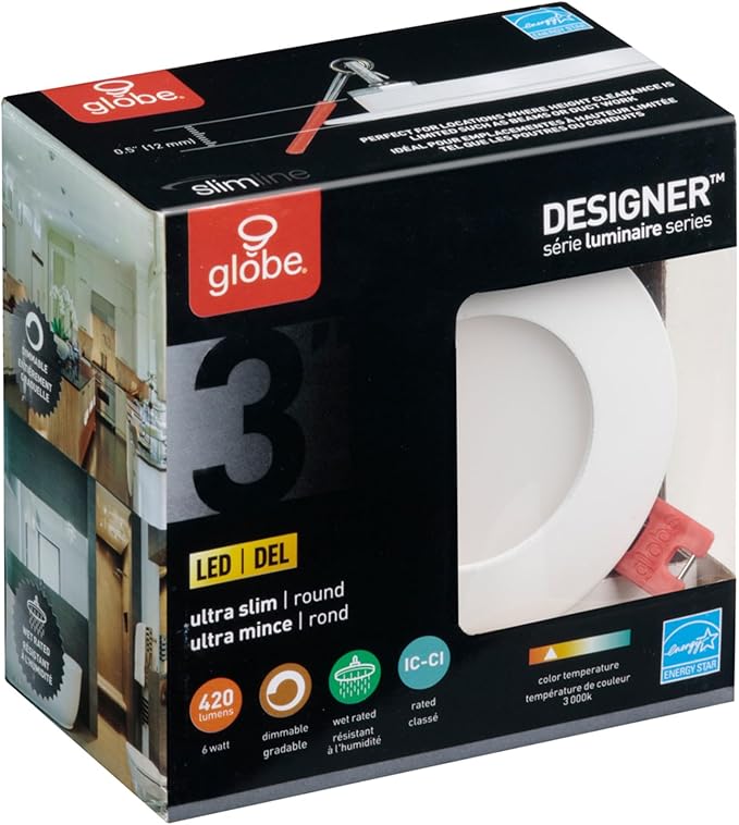GLOBE Electric 91125 3" Ultra Slim LED Integrated Recessed Lighting Kit, 4-Pack, 6 Watts, Energy Star, IC and Wet Rated, Dimmer Switch Compatible, White Finish, 3.25" Hole Size, 420 Lumens, 3000K