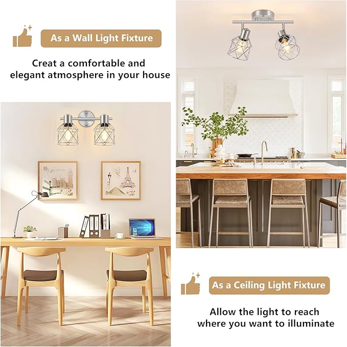 Baocuz 2-Light Brushed Nickel Semi Flush Mount Ceiling Light, Hallway Light Fixtures with Metal Wire Cage, Vintage Adjustable Track Spotlight Ceiling Fixtures for Dining Room, Farmhouse, Entryway