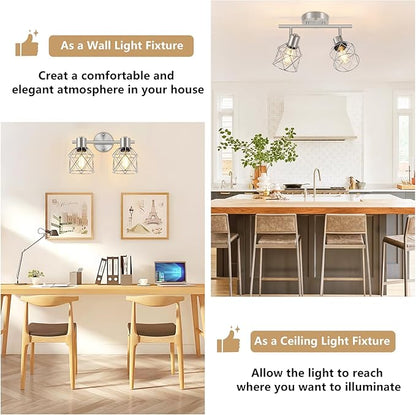 Baocuz 2-Light Brushed Nickel Semi Flush Mount Ceiling Light, Hallway Light Fixtures with Metal Wire Cage, Vintage Adjustable Track Spotlight Ceiling Fixtures for Dining Room, Farmhouse, Entryway