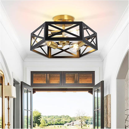 Semi Flush Mount Ceiling Light, Black and Gold Light Fixtures Ceiling Mount with Hexagon Cage, Metal Industrial Close to Ceiling Light for Hallway, Kitchen, Bedroom (Black and Gold, 14.56''L)