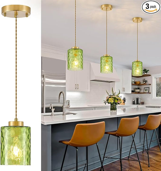 MWZ Gold Pendant Lights Kitchen Island 3 Pack, Modern Hanging Kitchen Pendant Lighting Over Sink with Green Hammered Glass Shade,Small Chandeliers Fixtures Adjustable Cord Hanging Lighting