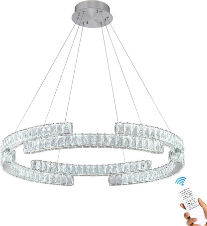 D24'' Modern Silver Crystal Ring Chandelier for Living Room Dinning Room Crystal Pendant Light Dimmable 3000k-6000k