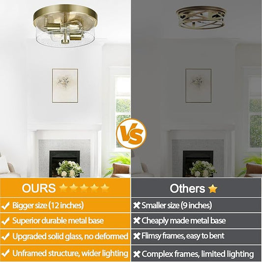 Flush Mount Ceiling Light Fixtures, 2-Light Brass Ceiling Mount for Farmhouse with Seeded Glass Lampshade, Industrial Hall Flush Mount Light Fixture for Hallway, Kitchen, Entryway, Bedroom and Foyer
