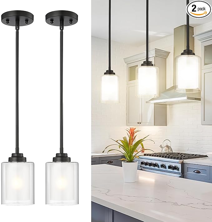 TENGXIN Modern Pendant Light, Matte Black Pendant Lights Kitchen Island,Farmhouse Pendant Lighting for Dining Room Bedroom Bar Office 2Pack,TXPLBK02-2PK