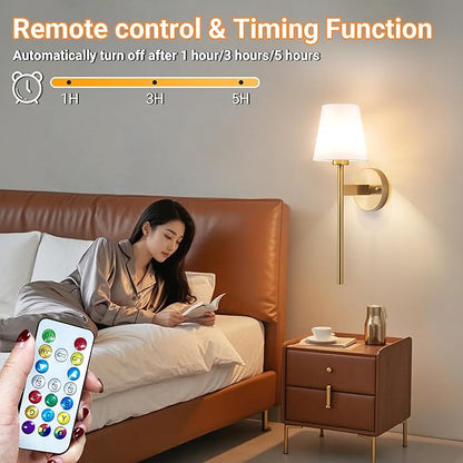 Battery Operated Wall Sconces Set Of 2, Wireless Battery Wall Light With 10000mAh RGB Rechargeable Magnetic Bulb, Rechargeable Wall Sconce With Remote Control For Bedroom, No Electrician Required