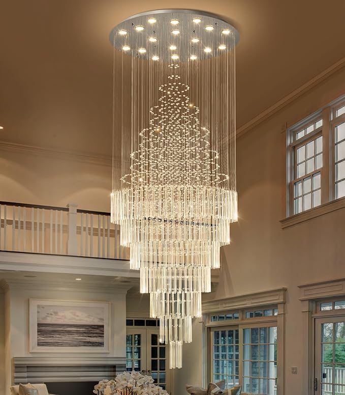 HAIXIANG W40 x H120 Glam Chandelier with LED Bulbs Crystal Raindrop High Ceiling Pendant Light for Entrance Large Villa Chandelier Foyer Lighting Fixtures Silver