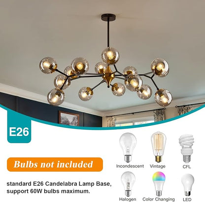 hesoge 15 Light Sputnik Modern Large Chandelier, Mid Century Black and Gold Metal Ceiling Light Fixture with Glass Globe,Pendant Light Hanging for Dining Room Kitchen Living Room Bedroom Foyer.