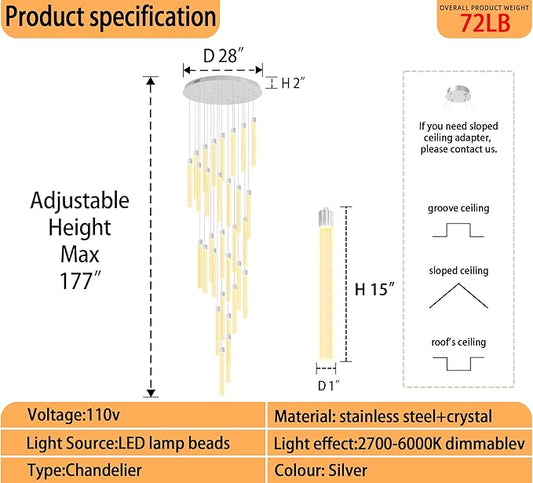 177'' Long Crystal Column Chandelier Silver 30-Light Extra Large Staircase Chandelier High Ceiling Dimmable LED Ceiling Lighting Foyer Entryway Light Source is Replaceable