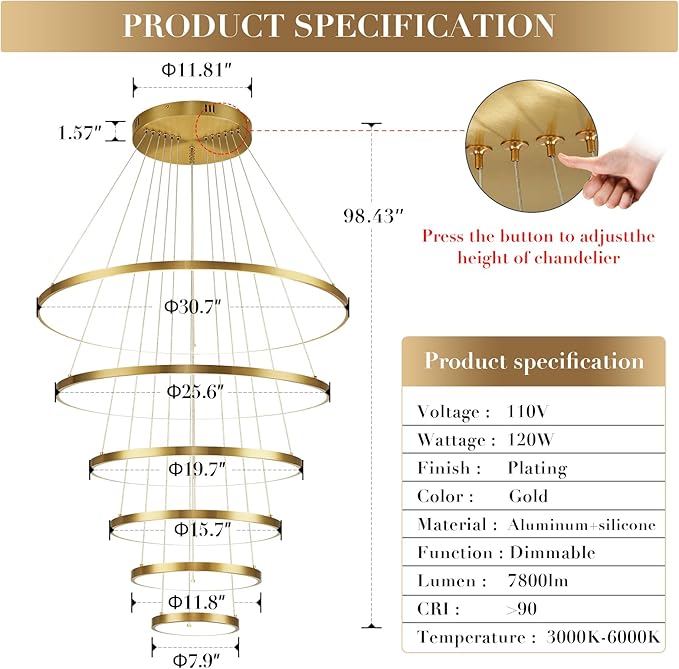 Modern 31" Big LED Chandeliers for High Ceiling 6 Rings Gold Chandeliers with Remote Control Dimmable Large Contemporary Ceiling Pendant Light for Foyer Living Room 3000K-6000K Selectable