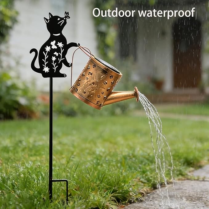 Outdoor Solar Cat Garden Decorative, 2 Pcs Solar Watering Can with Light, Featuring Metal Cat Silhouette Stake, Day Gift for Women, Waterproof, for Landscape, Lawn, Garden Path Decor