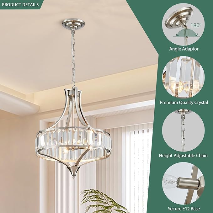 Modern Crystal Chandelier Brushed Nickel, Round Pendant Lighting Fixtures, 15.7" Height Adjustable Farmhouse Ceiling Light for Living Room, Kitchen Island, Dining Room