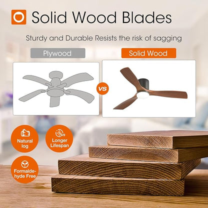 addlon 52 inch Ceiling Fans with Lights, Low Profile Ceiling Fan with Light and Remote Control, Flush Mount, Reversible, 3 Wood Blades, 3CCT Dimmable, Black Walnut Ceiling Fan for Indoor/Outdoor Use