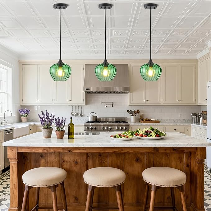 2Pack Green Glass Pendant Light, Vintage Glass Pendant Lighting Small Green Ceiling Hanging Lights for Kitchen Island Dining Room Restaurant Bar Bedroom