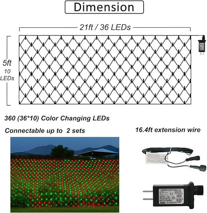 Christmas Net Lights Outdoor, 360 LED 21ft x 5ft Large Net Mesh String Lights 8 Modes, Twinkle Lights Connectable Plug in for Bushes Hedge Yard Garden Party Christmas Decor, Red and Green