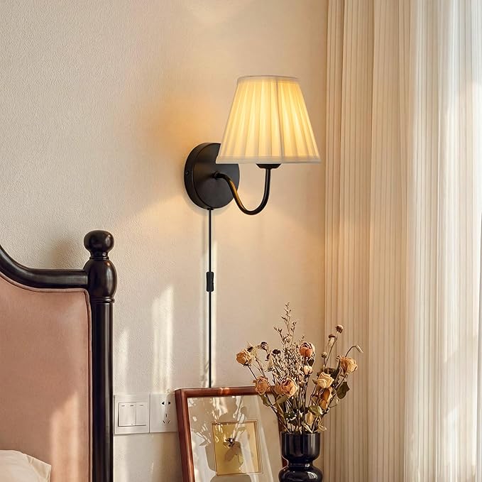 Plug in Wall Sconces with White Fabric Shades, Black Wall Sconces Set of Two, Modern Wall Lighting Fixture with On/Off Switch, Indoor Corded Wall Lamp for Bedroom, Living Room, Hallway, Bedside