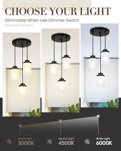 TENGXIN 3-Lights Modern Pendant Light with Glass Shade Matte Black Pendant Lighting Adjustable Industrial Retro Style Hanging Light Fixture for Kitchen, Farmhouse