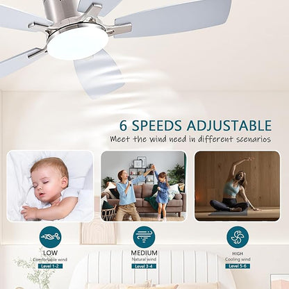 Ayaoty 42 Inch Low Profile Ceiling Fans with Lights and Remote, Flush Mount Modern Ceiling Fan, 3CCT Dimmable DC Ceiling Fan for Bedroom, Living Room, Brushed Nickel
