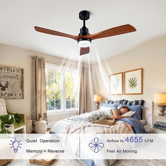 52-inch Ceiling Fan with Remote Control (Illuminated) 3-Blade Carved Wooden Fan Blades Quiet Reversible All-Copper Motor Ideal for Living Rooms, Bedrooms, and Courtyards Black/Walnut Finish