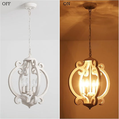 Farmhouse Chandelier for Dining Room, French Country Chandelier Distressed White, 4-Light Rustic Wooden Chandelier, Cottage Antique Wood Hanging Light Fixture for Entryway Foyer Living Room Kitchen