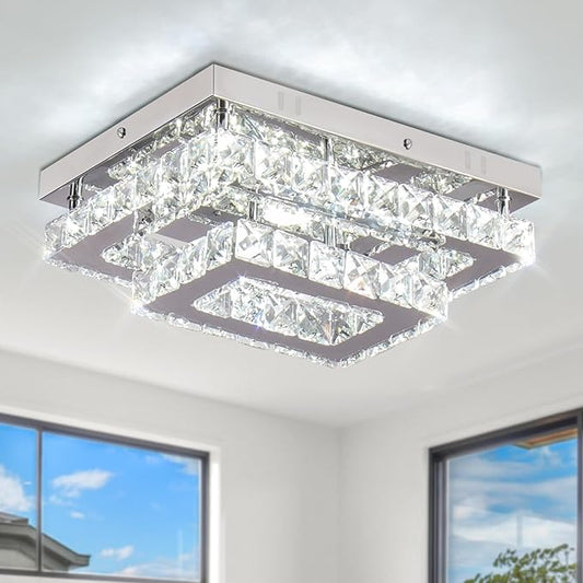 Finktonglan Crystal LED Flush Mount Ceiling Light, 11.8"×9.1" Rectangular Close to Ceiling Light, 24W 6500K Cool White Daylight, K9 Crystal & Stainless Steel, Non-Dimmable