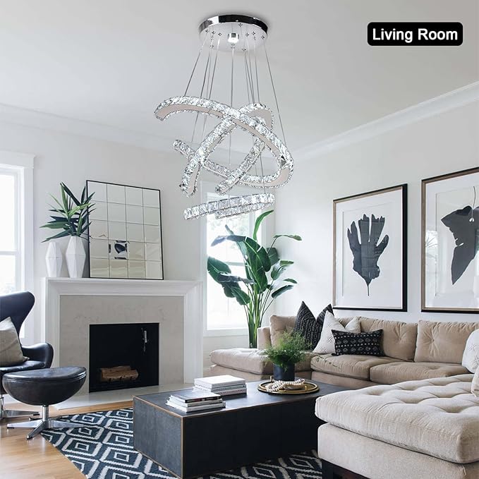 Finktonglan Modern Chandeliers Dimmable, 3 Rings Crystal Chandeliers with Remote Control, Shape Adjustable, LED Linear Chandelier Pendant Island Light for Kitchen Dining Room Living Room, H47.2''