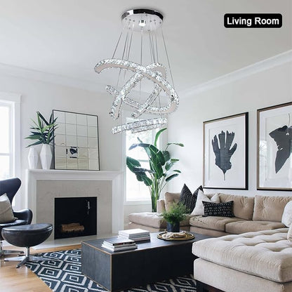 Finktonglan Modern Chandeliers Dimmable, 3 Rings Crystal Chandeliers with Remote Control, Shape Adjustable, LED Linear Chandelier Pendant Island Light for Kitchen Dining Room Living Room, H47.2''