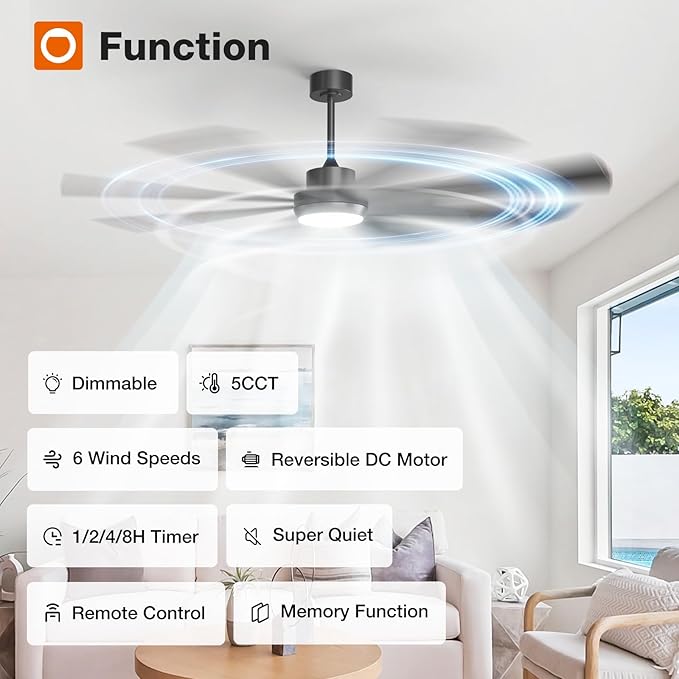 addlon 72 Inch Large Ceiling Fans with Lights, Black Ceiling Fan with Remote Control, Reversible, 5CCT, Dimmable, DC Motor, Modern Ceiling Fan for Living Room, Kitchen, Patio Indoor/Outdoor Use
