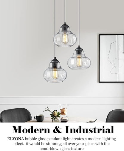 ELYONA 8 Inch Globe Pendant Light Bubble Glass Industrial Kitchen Island Hanging Pendant Light Fxiture Modern Hand Blown Seeded Glass for Farmhouse Dining Room Bar Bedroom Living Room Black