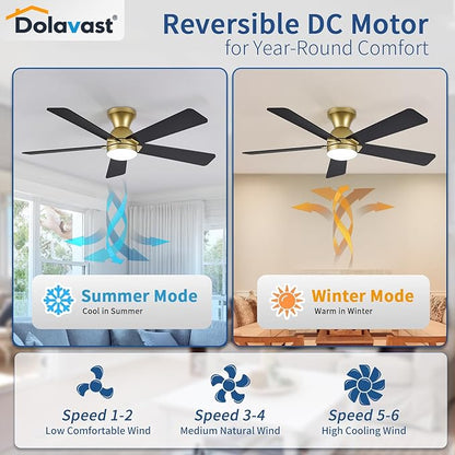 Ceiling Fans with Lights and Remote, 48 Inch Ceiling Fan with Light, Low Profile, Reversible, Dimmable LED, Flush Mount, Quiet, DC Motor, Gold Ceiling Fan for Bedroom, Kitchen, Dining Room
