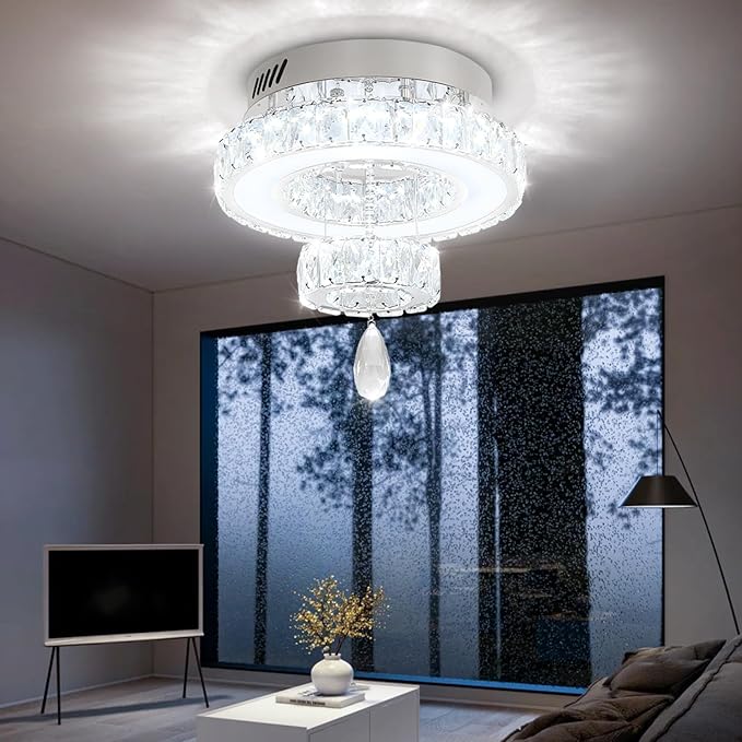 Flashing God 12" Modern Crystal Chandeliers Flush Mount Ceiling Light Silver Chandelier for Hallway LED Dimmable Mini Chandelier for Dining Room Living Room Bedroom