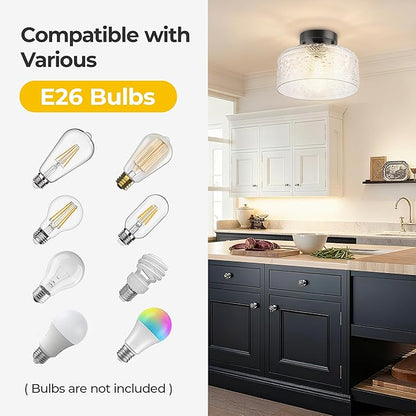 Semi Flush Mount Ceiling Light Black, Upgraded Larger Vintage Glass Pendant Lamp Shade, Modern Farmhouse Light Fixture for Hallway Corridor Kitchen Entryway Bedroom, Bulb Not Included