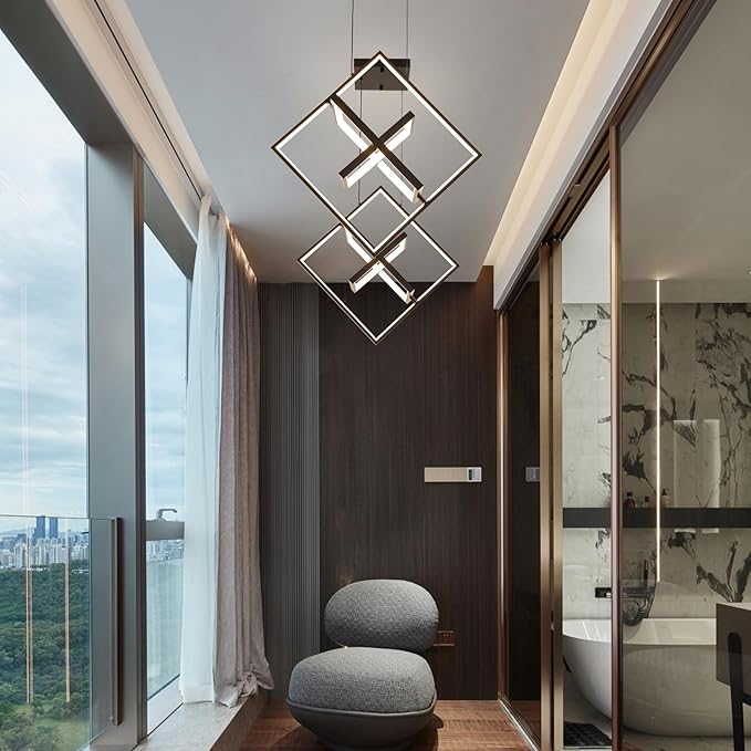 Modern LED Black Square Chandelier Geometric Chandeliers LED Dimmable Hanging Pendant Light Contemporary Creative DIY Height Adjustable Lighting for Entryway Dining Room 3000-6000k