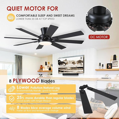 Mpayel Ceiling Fans with Lights, 52 Inch Low Profile Flush Mount Ceiling Fan, Modern Black Ceiling Fan with Light for Bedroom Living Room, Remote/APP Control, Quiet DC Motor, Dimmable, 8 Wood Blades