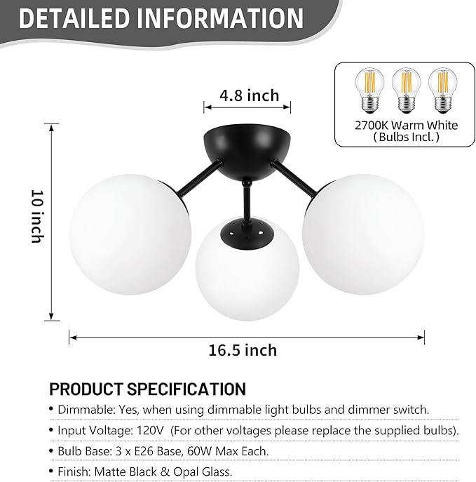 Bagood 3-Light Mid Century Modern Semi Flush Mount Ceiling Light, Opal Glass Globe & Matte Black, Dimmable, UL Certified, for Bedroom, Kitchen, Living Room (Bulb Incl.)