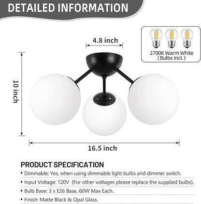 Bagood 3-Light Mid Century Modern Semi Flush Mount Ceiling Light, Opal Glass Globe & Matte Black, Dimmable, UL Certified, for Bedroom, Kitchen, Living Room (Bulb Incl.)