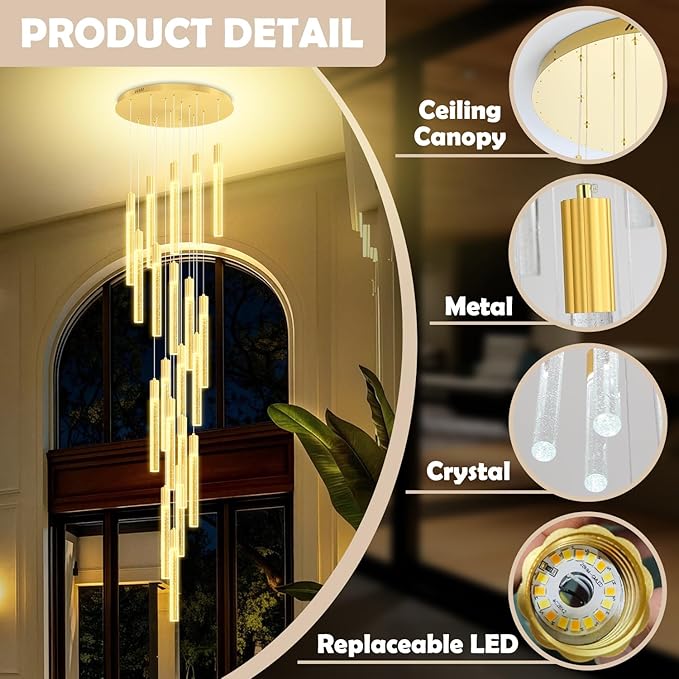 Modern Large Gold Crystal Chandelier Height Adjustable 20-Light High Ceiling Chandelier for Foyer Entryway Front Door Dimmable LED Ceiling Lighting Fixture