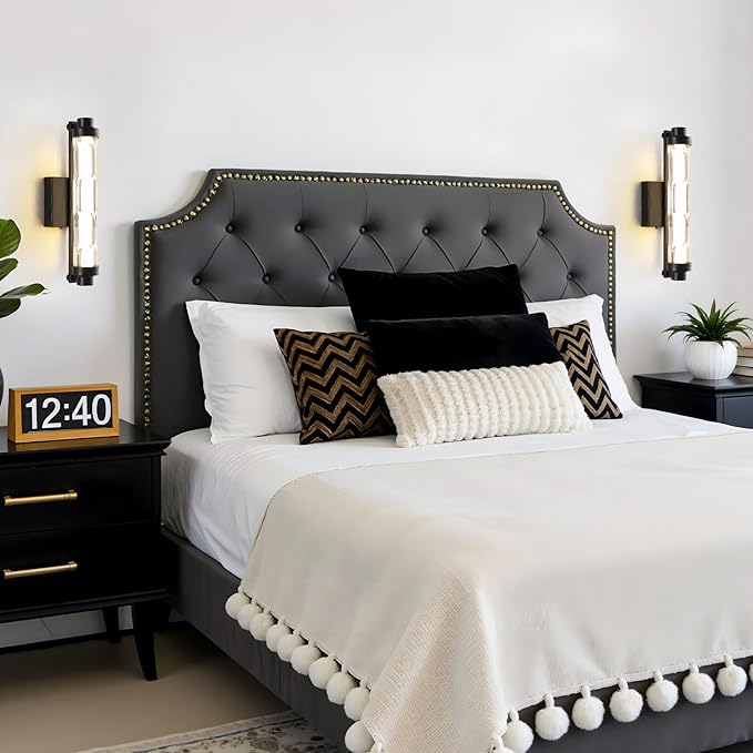 15.4" Black Wall Sconces Set of 2, Modern Bathroom Sconces with Ripple Glass Shade, 5CCT Dimmable LED Wall Lights 14W for Bedroom, Hallway, Staircase