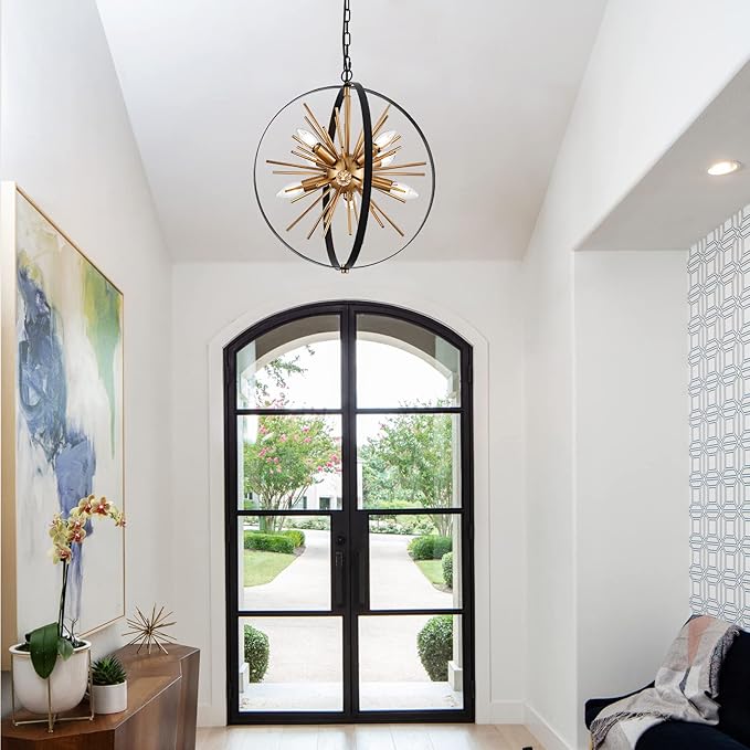 17.7" Black Gold Globe Sputnik Chandelier, 8-light Mid Century Modern Industrial Starburst Golden Satellite Pendant Light Fixture for Entryway Stairway Kitchen Dining Living Room Hallway, E12
