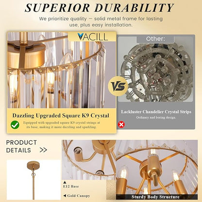 Gold Crystal Chandelier, 4-Light Candle Style Crystal Drum Chandelier, Modern Semi Flush Mount Ceiling Chandelier Light Fixtures for Dinning Room Living Room Kitchen Bedroom Hallway Entryway,11.6 Inch
