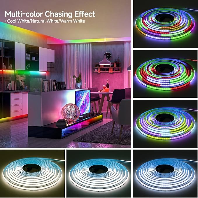 BTF-LIGHTING FCOB COB LED Strip Light IP66, WS2814 Smart IC RGBW 6000K Color Chasing Light, UL Listed DC24V 16.4FT 784LEDs/m High Density 10mm Width for Home Party DIY Decor(No Adapter or Controller)
