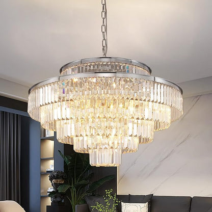 Modern Chrome Crystal Chandeliers Lighting 31'' & Lights Round Hanging Classic, Pendant Ceiling Chandelier Lighting Fixture 6-Tier for Dining Room Living Room(Chrome,31 inch)