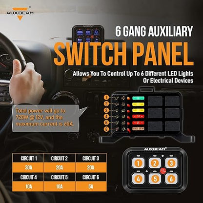 Auxbeam 6 Gang Switch Panel BC60 Universal Circuit Control Relay System Automatic Dimmable LED Switch Pod Touch Control Panel Switch Box for Car Truck Pickup Boat UTV SUV - Blue, 3 Years Warranty