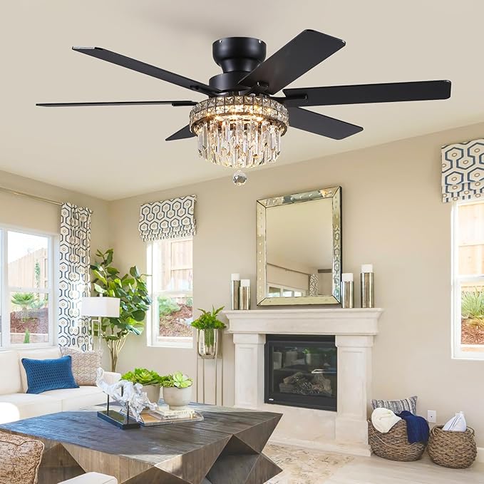 Asyko Chandelier Ceiling Fan -52" Crystal Ceiling Fan- Fandelier Fan Light Black with Remote, Reversible Motor, Dual-Sided 6 Blades, 3 Speed, Timer, Indoor Outdoor Fans, Living Room, Dining Room
