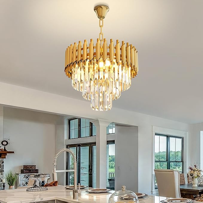 Modern Gold Crystal Chandelier, 16" 5-Light Round Chandelier,3 Tiers Ceiling Pendant Light, Adjustable Hanging Chandeliers for Dining Room, Foyer, Living Room, Staircase