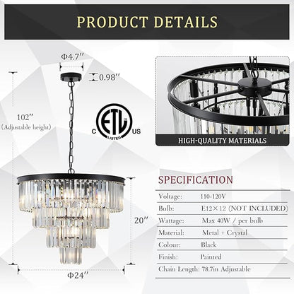 Modern Black Crystal Chandeliers,24” Ceiling Round Chandelier,Luxury Flush Mount Pendant Light Fixture with Chain Farmhouse 4 Tiers K9 Chandelier for Dining Room Bedroom Foyer