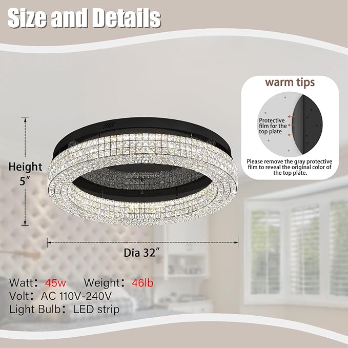 ykolupty 32'' Modern Chandeliers for Living Room Crystal Chandelier Flush Mount Ceiling Light Fixture for Dining Room Living Room Bedroom Dimmable 2700-6000K (Black Chandelier)