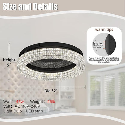 ykolupty 32'' Modern Chandeliers for Living Room Crystal Chandelier Flush Mount Ceiling Light Fixture for Dining Room Living Room Bedroom Dimmable 2700-6000K (Black Chandelier)