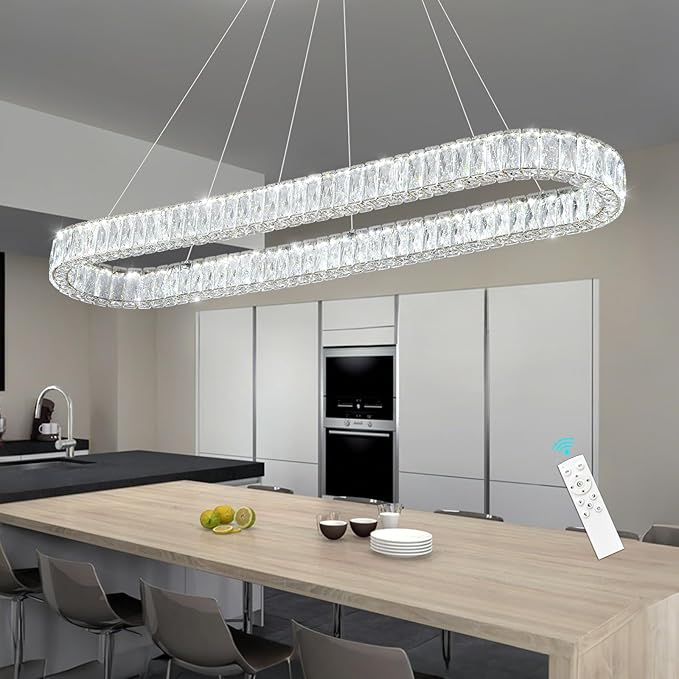 HAIXIANG Modern Crystal Chandelier Dimmable LED Long Chandeliers for Dining Table Pendant Lights Rectangular Glam Lighting Fixtures for Dining Room Kitchen Island Silver