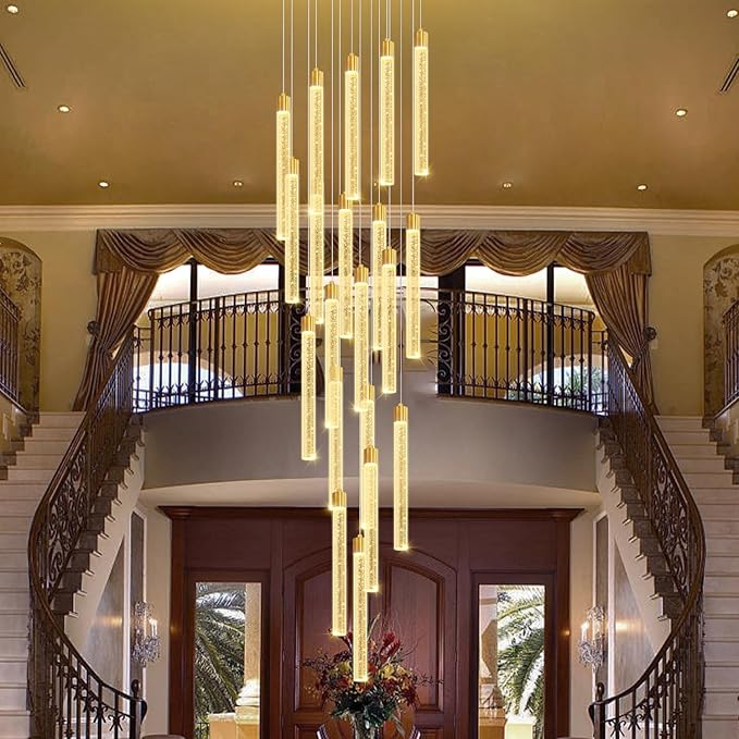 138'' Long Crystal Column Chandelier Extra Large High Ceiling Chandelier Staircase Gold 20-Lights Dimmable Led Pendant Lighting Foyer Entryway Light Source is Replaceable