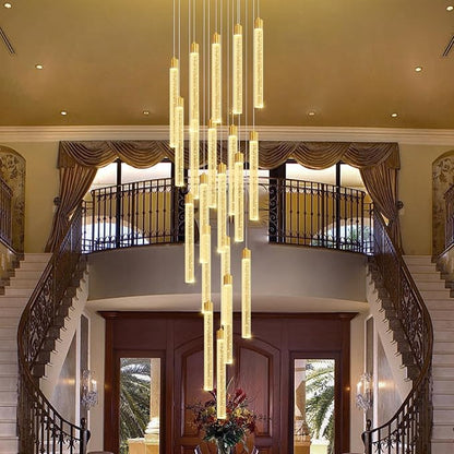 138'' Long Crystal Column Chandelier Extra Large High Ceiling Chandelier Staircase Gold 20-Lights Dimmable Led Pendant Lighting Foyer Entryway Light Source is Replaceable